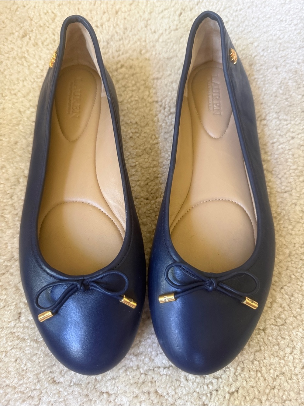 Ralph Lauren Navy Leather Ballet Flats with Gold-Tip Bow